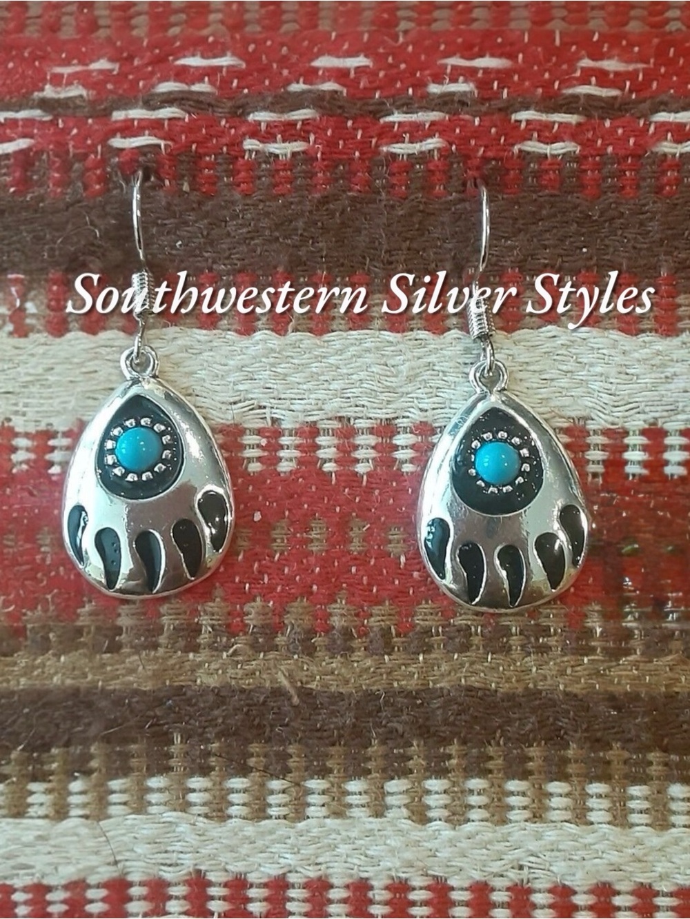 Vintage Southwestern Navajo Style Turquoise .925 Silver Bear Paw Post Earrings